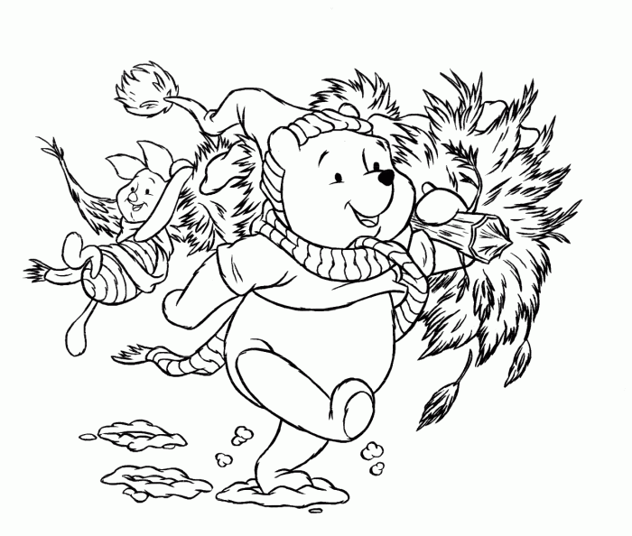 Kolorowanka online: Kolorowanka Kubuś i Prosiaczek biegną do domu z choinką na Boże Narodzenie